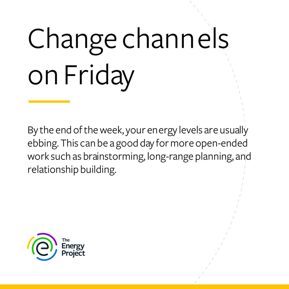 energy_project's tweet photo. Change channels on Friday #energytip #theenergyproject #energyproject #performance #Productivity #renewalzone #sustainableperformance https://t.co/OyRksQseA0