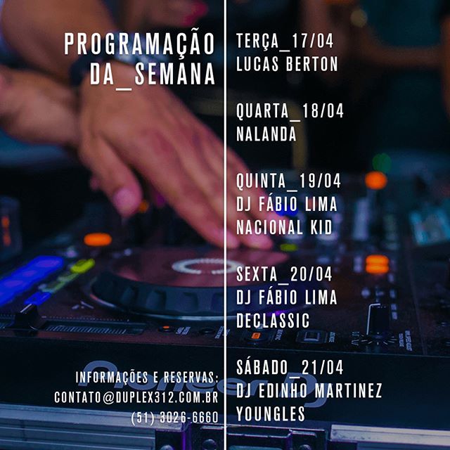 duplex312's tweet photo. Confira a programação da semana Duplex 312

#VemProDuplex #Duplex312 #NoitePoa #CervejaPoa https://t.co/q6VrbzNqhi https://t.co/hcYx4qXHmz