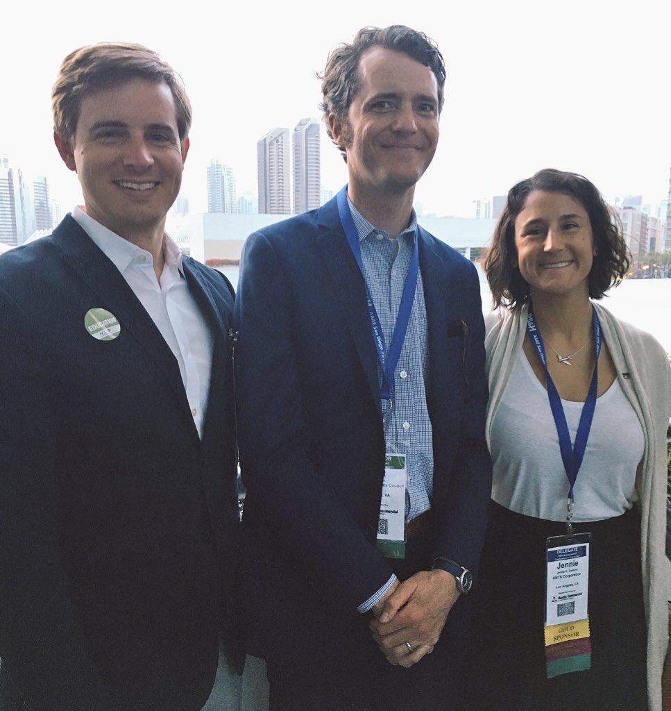 AvArchGeek's tweet photo. #ACC Matt Griffin and #ACCYP Forum leaders Jennie Santoro and Cody Parham having a great time networking at #AAAESAN at the #AAAEYoPro reception. Looking forward to great collaborations with our #youngprofessionals groups! #avgeek #aviationarchitect ✈️ https://t.co/7KBGRSxX8v