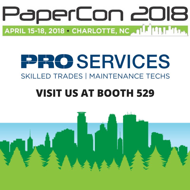 prosatwork's tweet photo. We're at #Papercon2018 in Charlotte, NC! Come visit us at booth 529 and see how we can bring skilled trades and production maintenance solutions to the pulp and paper industry! #WeWork #TAPPI #Papercon https://t.co/7FDtCF5mFF