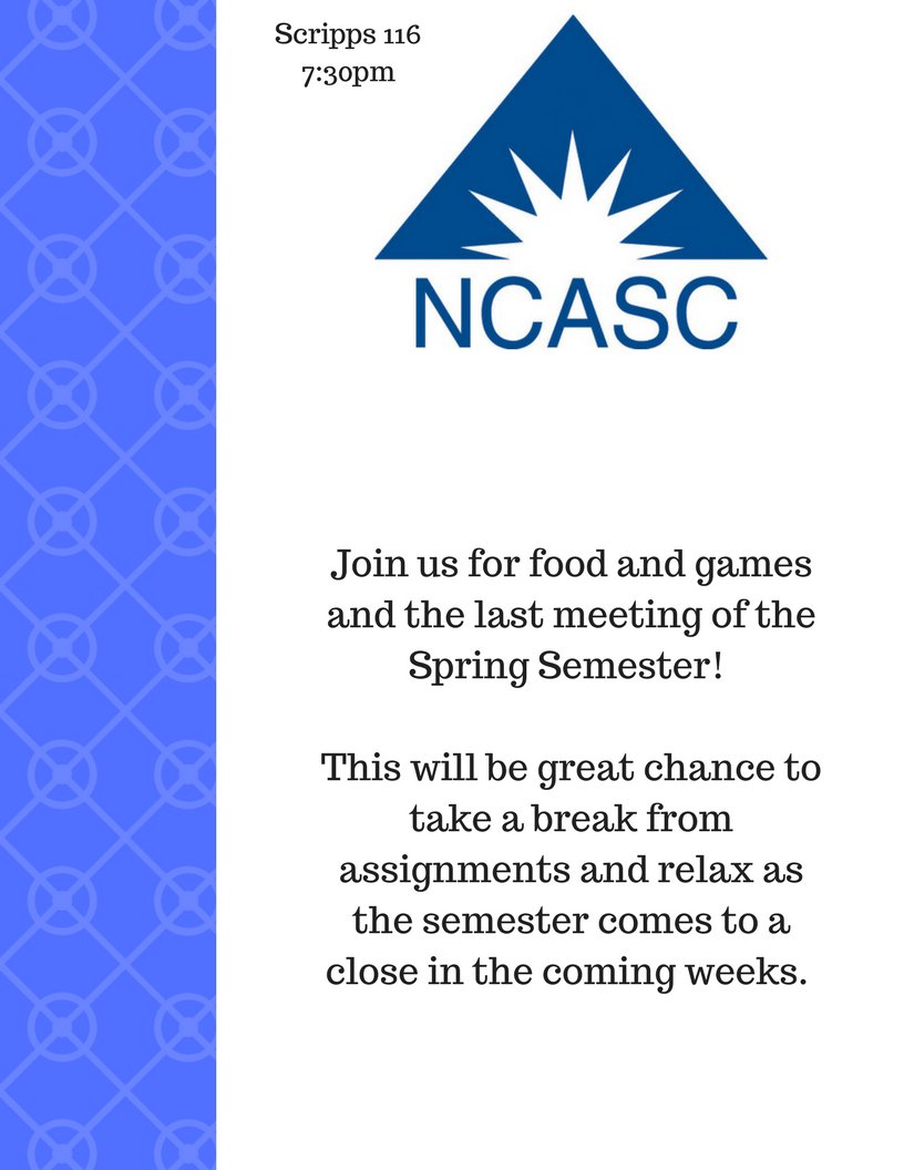 OU_NCASC's tweet photo. The last meeting of the Semester is TONIGHT!! Come to Scripps 116 for Pizza and games and to take a break from end of the semester stress! https://t.co/JT84chF53e