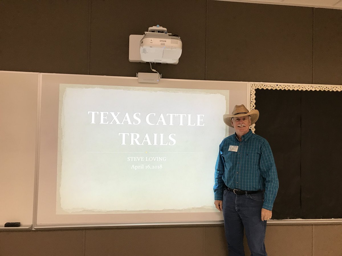1SassyLibrarian's tweet photo. Steve Loving (my awesome dad) talking about cattle trails and our family’s contribution to them! “Y’all know what a food truck is? A chuck wagon was the original food truck.” Haha! #goodnightlovingtrail #texashistory #gmslibrary @Griffin_MS @KarenHendrix1 https://t.co/AsALJNrXHB