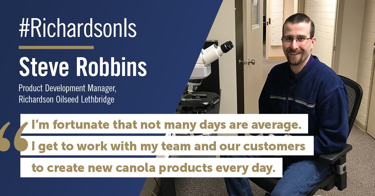Richardson_INTL's tweet photo. #RichardsonIs Steve Robbins, Product Development Manager at our Lethbridge canola-processing facility. Steve and his department are responsible for creating new canola-based products and will join our #WPG team at the downtown Innovation Centre in 2020! https://t.co/iG7dwOCJql https://t.co/zD1CEUeWr2