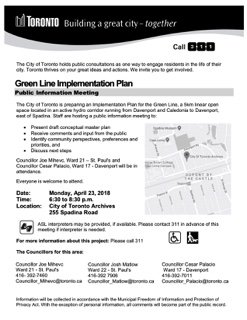 GreenLineTO's tweet image. Come to Green Line Implementation Plan public meeting. Mon April 23. See the draft conceptual master plan and provide feedback. See you 6:30pm at City of Toronto Archives.