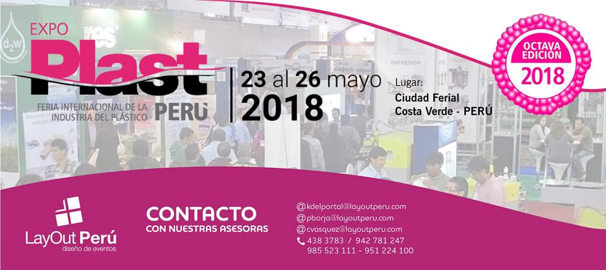 LayoutPeru's tweet photo. #LayoutPeru 
Presente Expo Plast Peru 2018 
Solicitanos tu Stand ,diseños pensados en tu Marca. #diseñodestands #standpublicitario #alquilerdestandsparaferias #armadodestandsparaferias 
Contactanos: 942781247 - 4383783
pborja@layoutperu.com
https://t.co/Lup8GZmClu https://t.co/I2KJYqdMRz