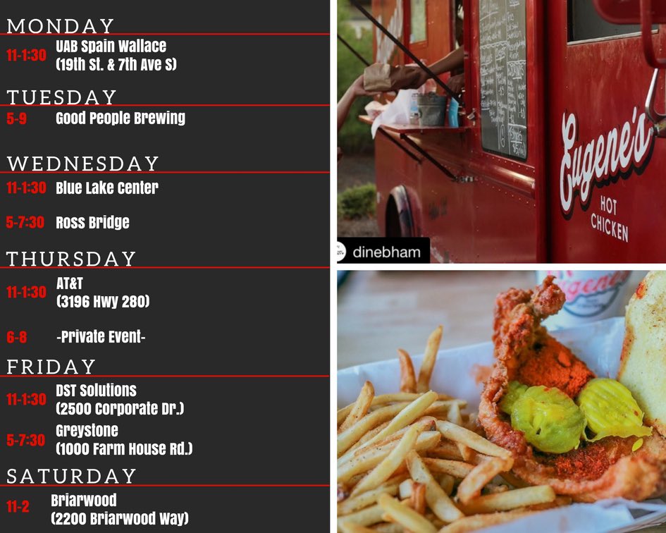 ChickenEugene's tweet photo. It’s gonna be a good week, y’all! Who needs some #hotchicken?! 🔥🔥🔥
#whereseugene #hotchickenlife #bhameats #southerncuisine #eatlocal #foodtruck #blackownedbusiness #supportsmallbusiness #bhamlocal @GPBrewing @bhamfoodtrucks @bhambizjrnl @BhamHappenins @Happeningbham https://t.co/zLoWlYUHbO