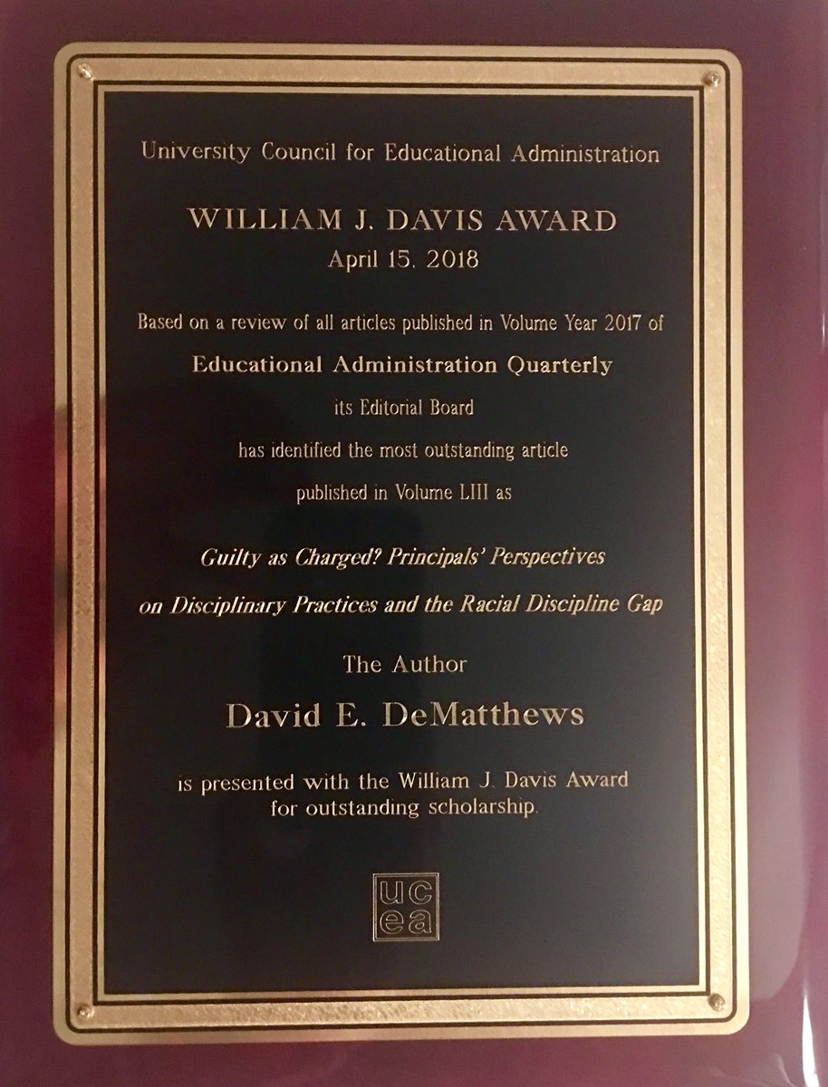 Proud and grateful to receive the William J. Davis Award for the most outstanding article in Educational Administration Quarterly with my colleagues Roderick Carey, Arturo Olivarez, and Kevin Moussavisaeedi. Thanks to all the reviewers and editors #UCEAwesome #AERA18 #edresearch