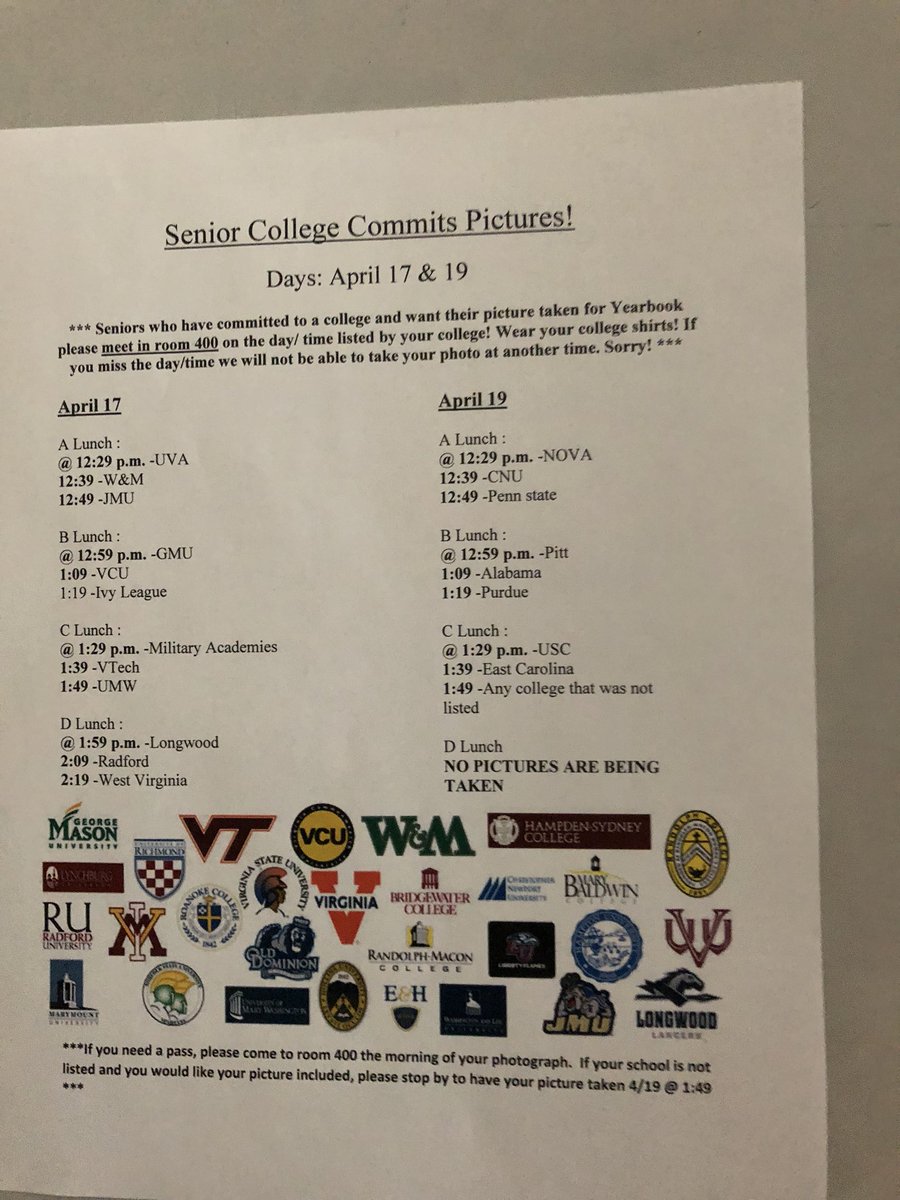 Senior College Commits Picture days are April 17th (Tuesday) and April 19th (Thursday) make sure to show up if you want to be in the yearbook! 💙