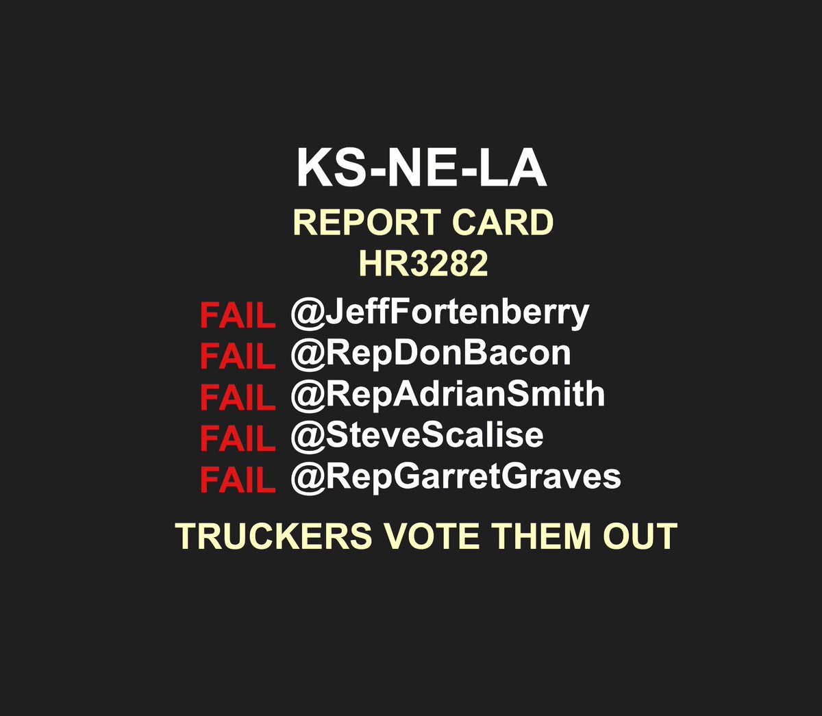 trucker_mfc's tweet photo. KS-NE-LA Reps π #hr3282 #HOS #ReformHOS CO SPONSOR β€οΈHR3282β€οΈ@JeffFortenberry @RepDonBacon @RepAdrianSmith @SteveScalise @RepGarretGraves @FMCSA @ELD_or_ME @HouseGOP @realDonaldTrump FIRE π@SecElaineChao @SenateGOP @PressSec #ELDs https://t.co/qXhpkn9fdc
