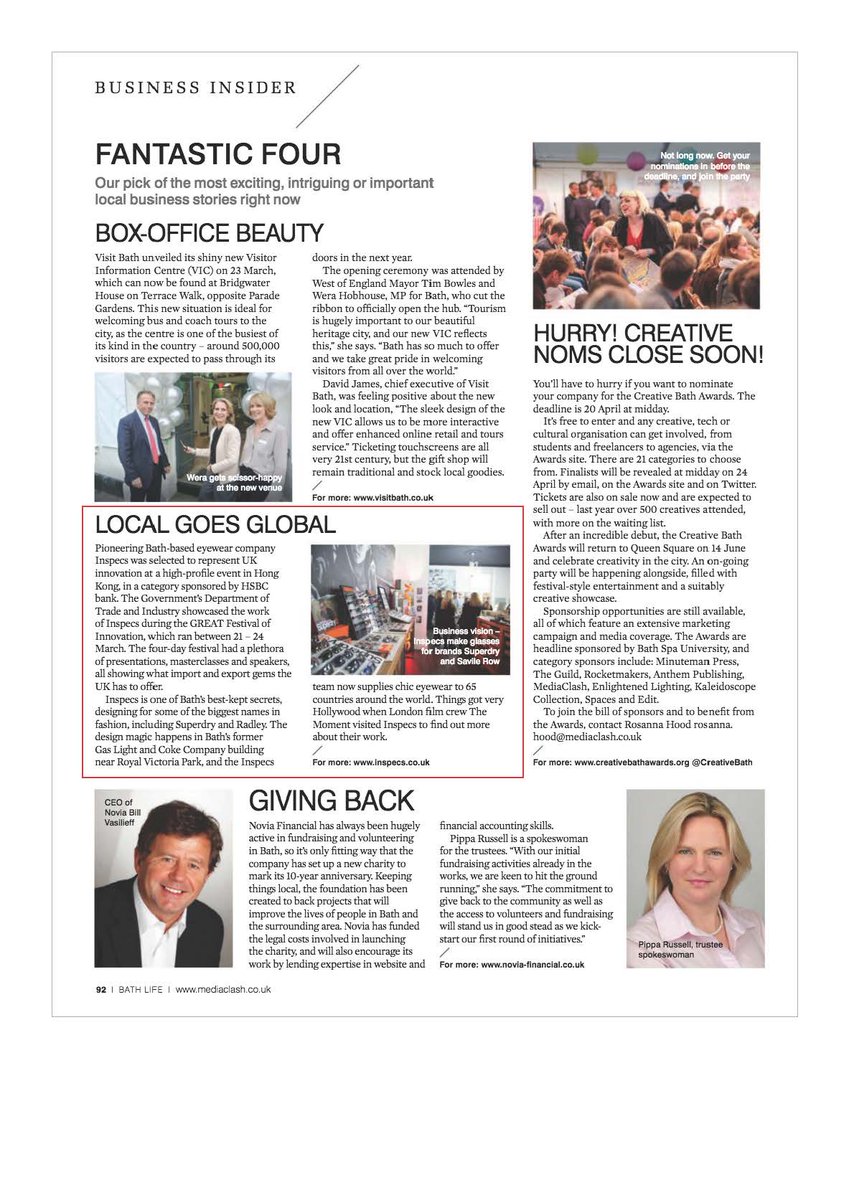 Inspecs's tweet image. &apos;Bath&apos;s best-kept secret&apos;! 💫 Delighted to be featured in this month&apos;s issue of Bath Life. Thank you @TheMediaClash! #inspecs #eyewear #bath #business