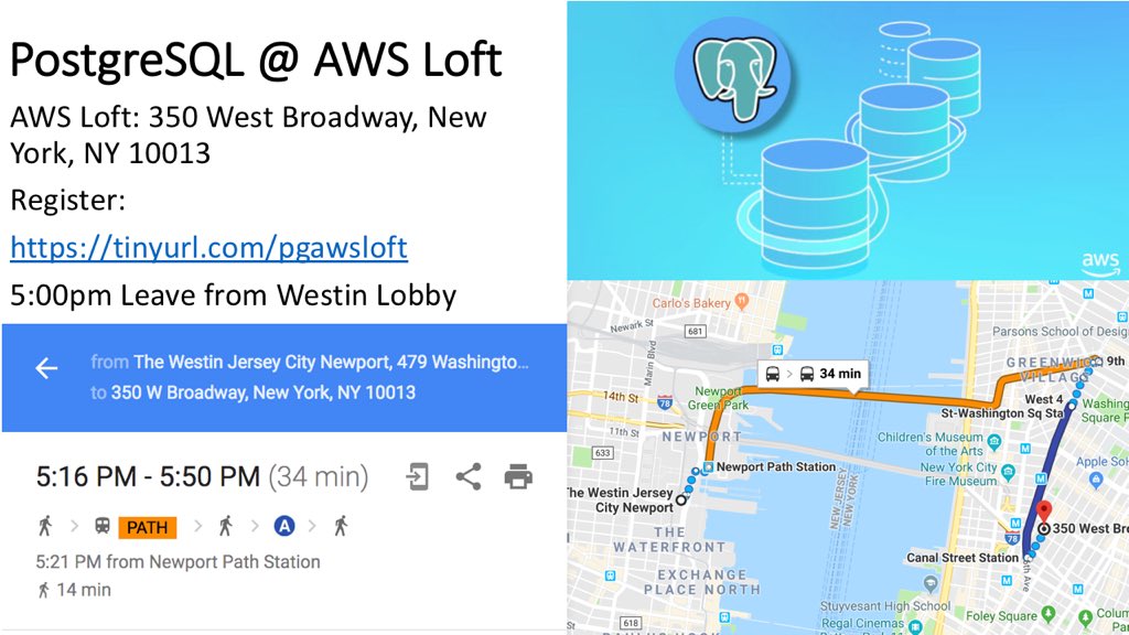 jer_s's tweet image. Need some excitement to counter this NJ rain & cold? No better place than the PostgreSQL Meetup at the AWS loft tonight! Meet up in the Westin lobby at 5pm and we’ll head over together! #PostgresConf @jkshah