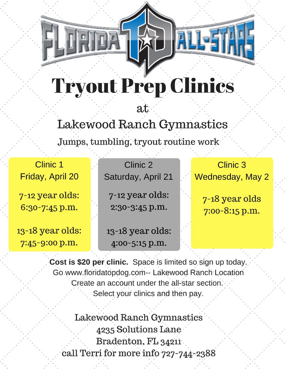 Tryout Prep Clinic dates for both Largo and Lakewood Ranch locations! We will do some tumbling, jumps, and stunting as well as teach our tryout routine! 🤙🏼💙