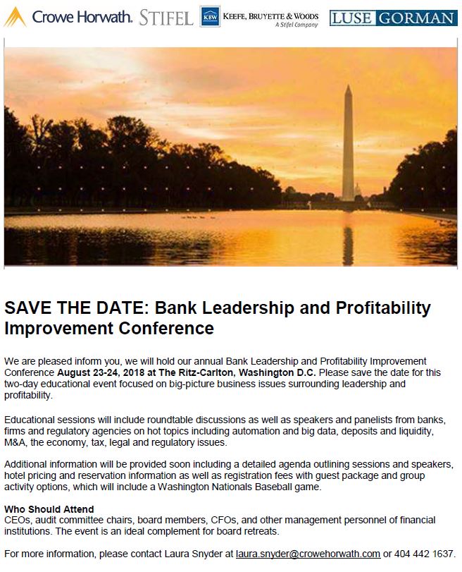 PeakTraderCPA's tweet photo. Bank Leadership and Profitability Improvement Conference Aug 23-24, The Ritz-Carlton, D.C. For more info on this two-day event focused on big-picture business issues surrounding leadership and profitability contact laura.snyder@crowehorwath.com or 404 442 1637. #Crowe #banking https://t.co/hIUpcXZvFk