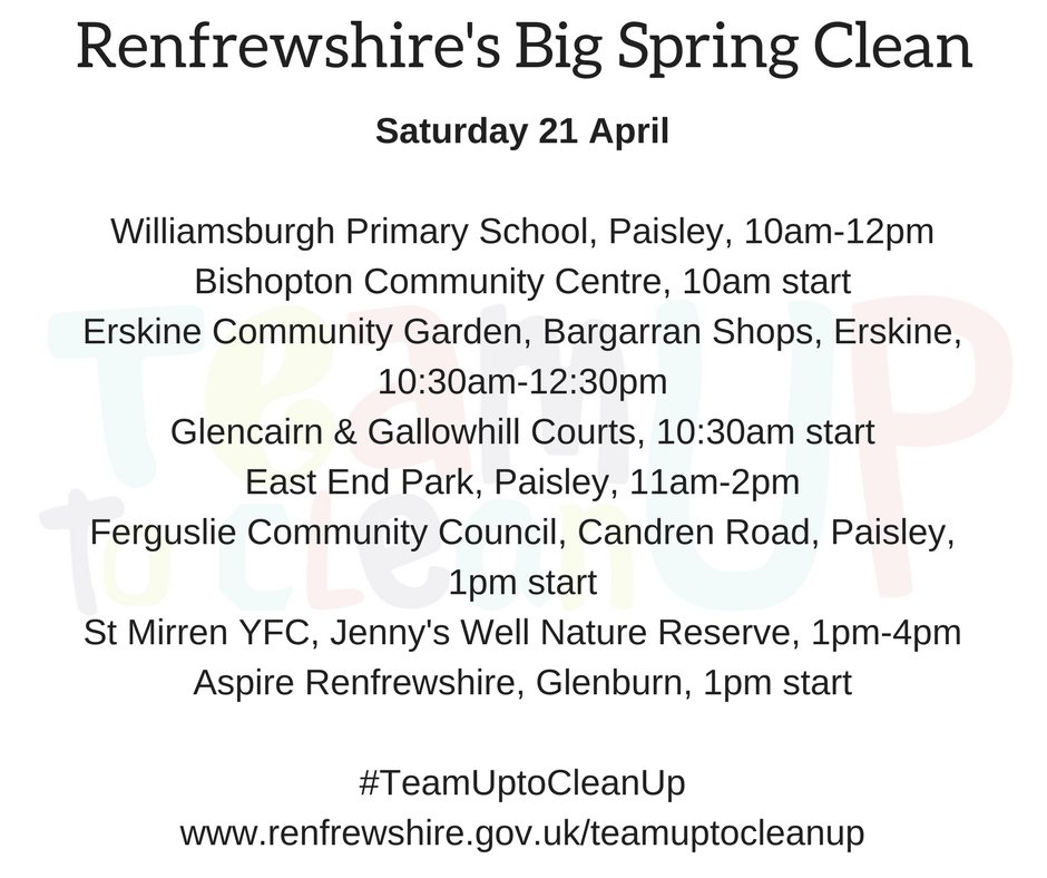 RenCouncil's tweet photo. Renfrewshire's #BigSpringClean is almost here!

Join hundreds of other volunteers set to take part this weekend as we make a real difference to our local environment.

Here's the latest set of events across each day, can you join in?

#TeamUptoCleanUp https://t.co/2L6Tk4atzj