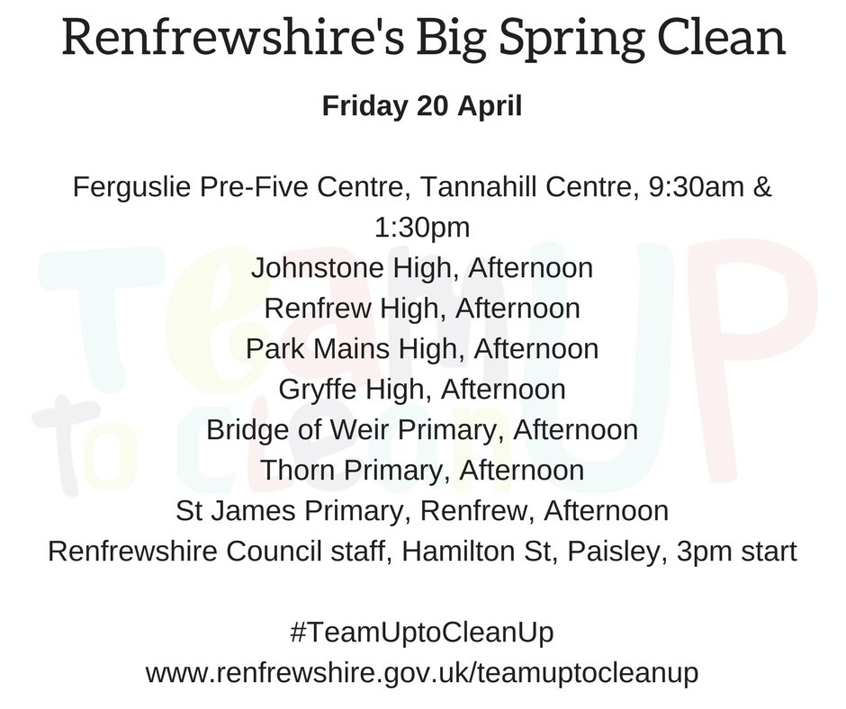 RenCouncil's tweet photo. Renfrewshire's #BigSpringClean is almost here!

Join hundreds of other volunteers set to take part this weekend as we make a real difference to our local environment.

Here's the latest set of events across each day, can you join in?

#TeamUptoCleanUp https://t.co/2L6Tk4atzj