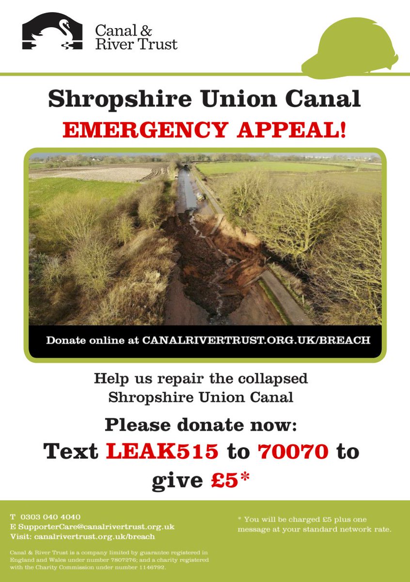 As many of you will know, part of the Shropshire Union Canal has collapsed, causing water to drain from the canal - <a href="/CanalRiverTrust/">Canal & River Trust</a> says events such as this are rare, but adds that they are very expensive to repair. An appeal has been launched to raise funds. (See poster.)