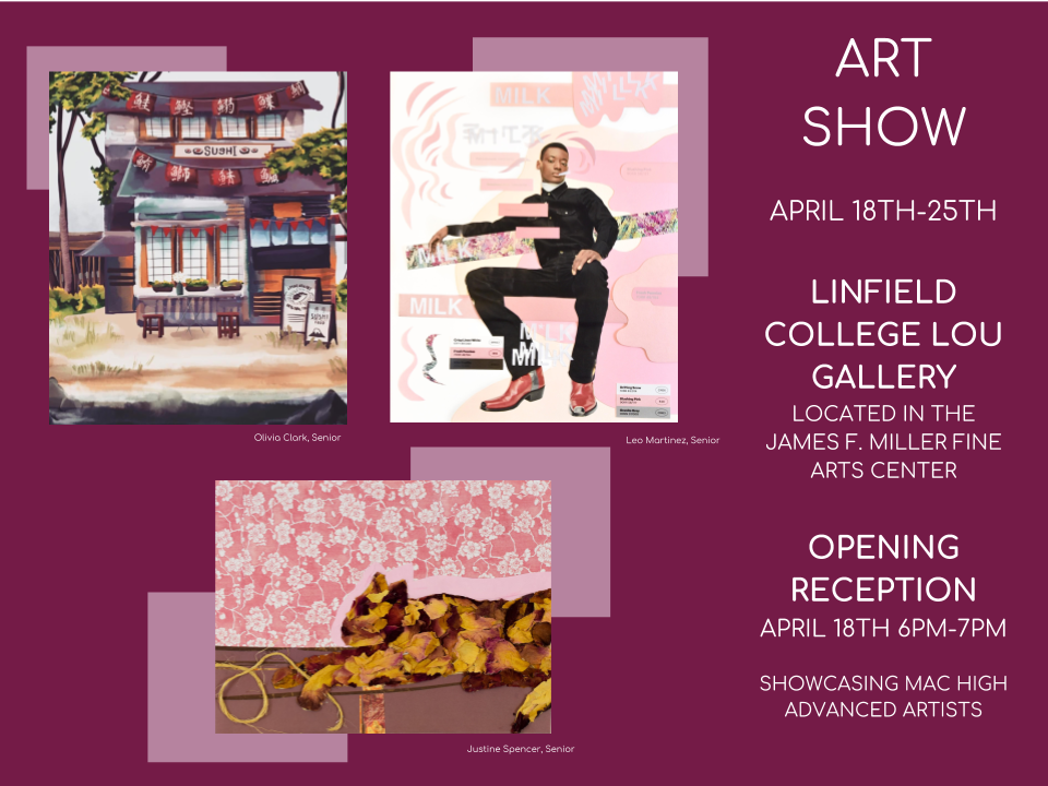 McMSchools's tweet photo. Join us for student art show opening reception at @LinfieldCollege Lou Gallery on Wednesday, April 18 at 6 p.m. More: https://t.co/OiBhi14o3N @MHSGrizzlies #McMinnville #MacTogether https://t.co/LMJlSRcN4G