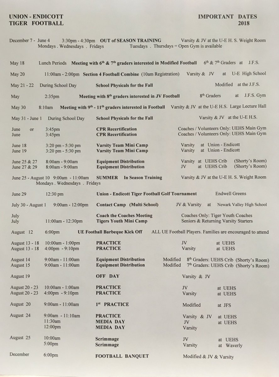 Union - Endicott Tiger Football: 2018 Important Dates for Players, Family &amp; Friends.