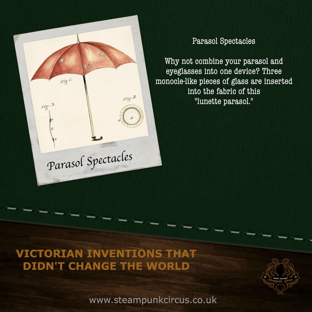 CircusSteampunk's tweet photo. Its Victorian inventions that never made it day! This parasol has ‘handy’ extra-added monocles so the user can see better or maybe just burn where the sun shines through the glass? 😂#steampunkcircus #steampunk #uselessinventions #fail #beatthemondayblues #monday #Victorian https://t.co/4fnv4LSkHr
