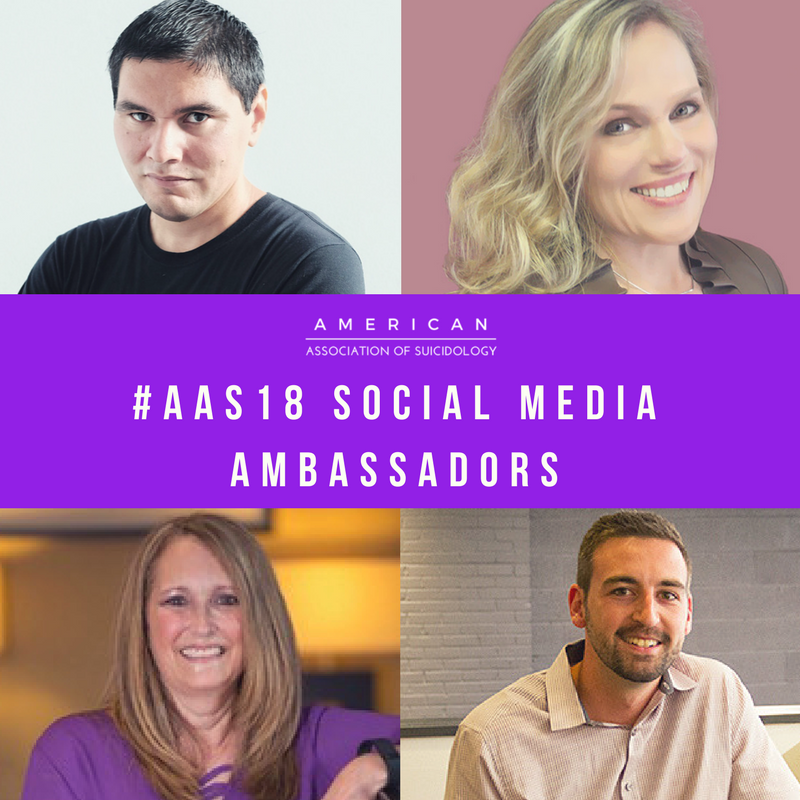 AASuicidology's tweet photo. If you're going to be at #AAS18, please make sure you say hi to our amazing social media ambassadors! Here are just a few: @RudyCaseres @sspencerthomas @norinevhlcsw &amp; Adam Dominguez w/ @ReingoldInc #SPSM https://t.co/BF7TnO0BeA