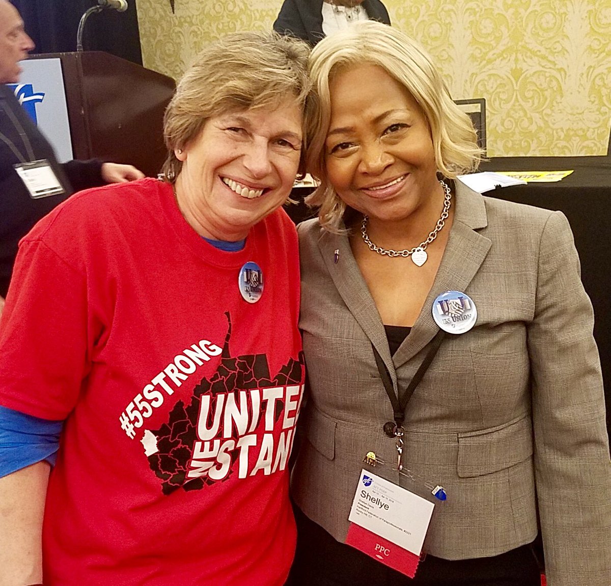 AFTCT's tweet photo. This weekend our @AFTUnion prez wore her "U &amp; I in #Union" sticker at #PSRPLeaders18, showing she's #AFTAllIn for fight to #UnrigTheSystem, even if #SCOTUS chooses special interests over #VoiceForAll working people. #UnionProud @PSRP_AFT https://t.co/DiOaUg5Q8D