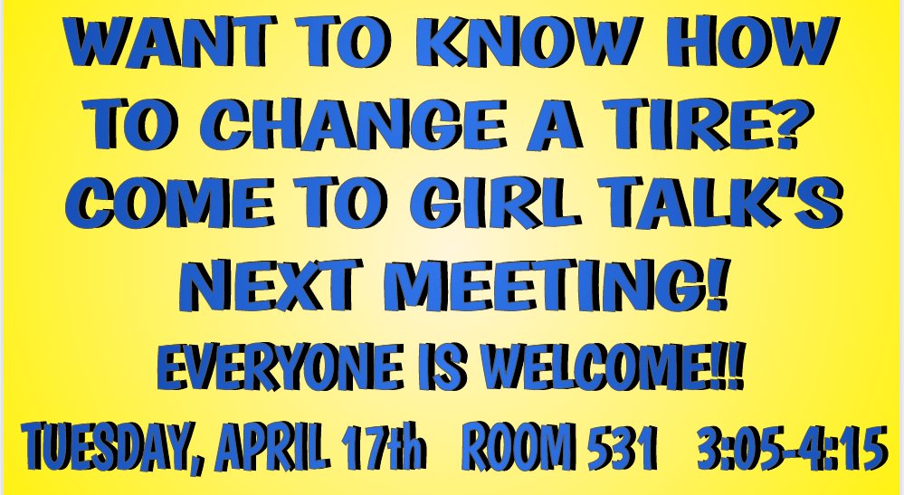 MsGMarinello's tweet image. Want to know how to change a tire? Come down to 531 after school tomorrow &amp;amp; learn how. All students are welcome to attend!