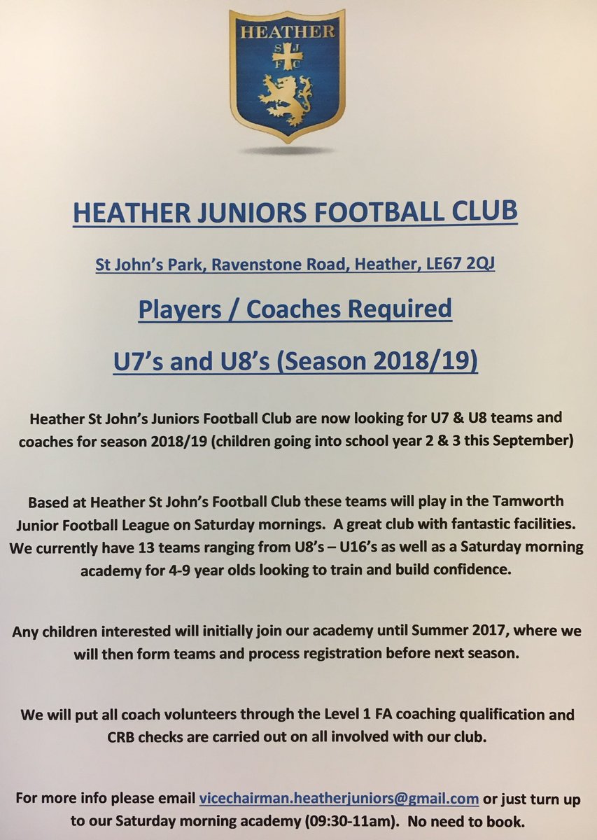 Heather St John’s looking for U7’s & U8’s players for next season (school year 2&3 in Sept 2018). Please rt @HeatherPrimary @HSJFC_Official @SirJohnMoore @Ellistownprim @SnarestoneP @IbstockJuniors @HoodPark_LC @Hermitage_LC