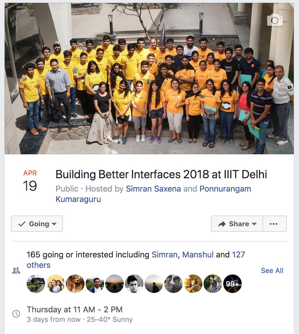 ponguru's tweet photo. 114 Students, 20 Projects, 6 TAs, 1 Instructor. Projects from #CSE501 #Designing Human Centered Systems at #BBI2018. 1100hrs IST April 19. Old Academic Building @IIITDelhi Will do Facebook Live at 12noon IST. More: https://t.co/hyjC7Tmh1W #HCI #design #India #ProfGiri https://t.co/rssvQyUOX2
