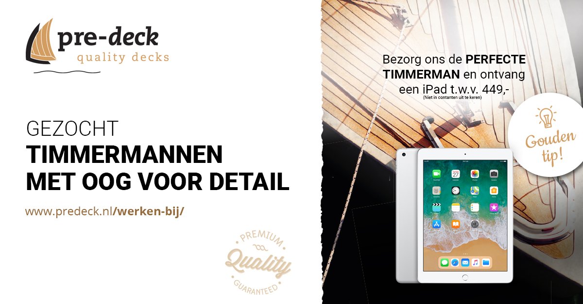 predeck's tweet image. We zijn op zoek naar Timmermannen die graag mee willen werken aan het realiseren van prachtige teak dekken. Kijk snel op onze website pre-deck.nl

Weet je een goede Timmerman? Meld je aan en ontvang een iPad (lees de voorwaarden op de website).