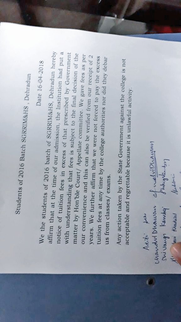 ChamoliIshani's tweet photo. College administration called students after outing timings and asked them to sign on this notice without explaining any consequences...these signatures are done unknowingly. #doctorsnotbanks
@PMOIndia @ndtv @aajtak @ShashiTharoor https://t.co/hz5EtPm2bK