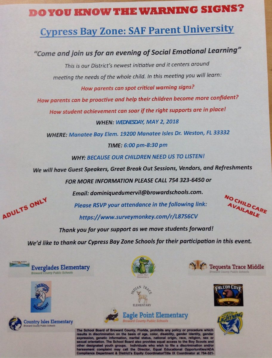Save the Date for Cypress Bay Zone: SAF Parent University on Social Emotional Learning event on 5/2/18 at 6 pm at Manatee Bay Elementary School for parents of students from K-12. See you soon!