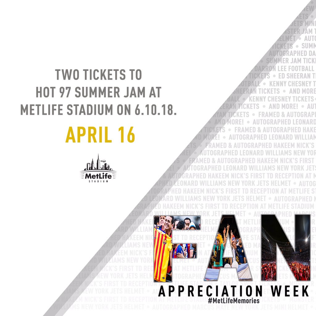 MetLifeStadium's tweet photo. Day ✋️

RT/Follow to enter to win two tickets to @HOT97 #SummerJam at @MLStadium on 6.10.18! 

RULES: https://t.co/95saTRkd4e

Make sure to stay tuned to @HOT97 for the lineup announcement coming later today🙌

#MetLifeMemories https://t.co/i486NsspRY