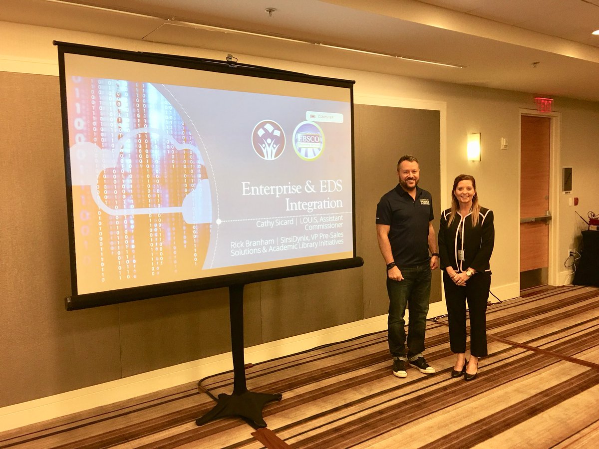 louislibraries's tweet photo. We are attending COSUGI 2018 and our own Cathy Sicard teamed up with Rick Branham with SirsiDynix to talk about the integration between SirsiDynix Symphony and the EBSCO Discovery Service.  #cosugi2018 @SirsiDynix https://t.co/1c9XOPDUu4