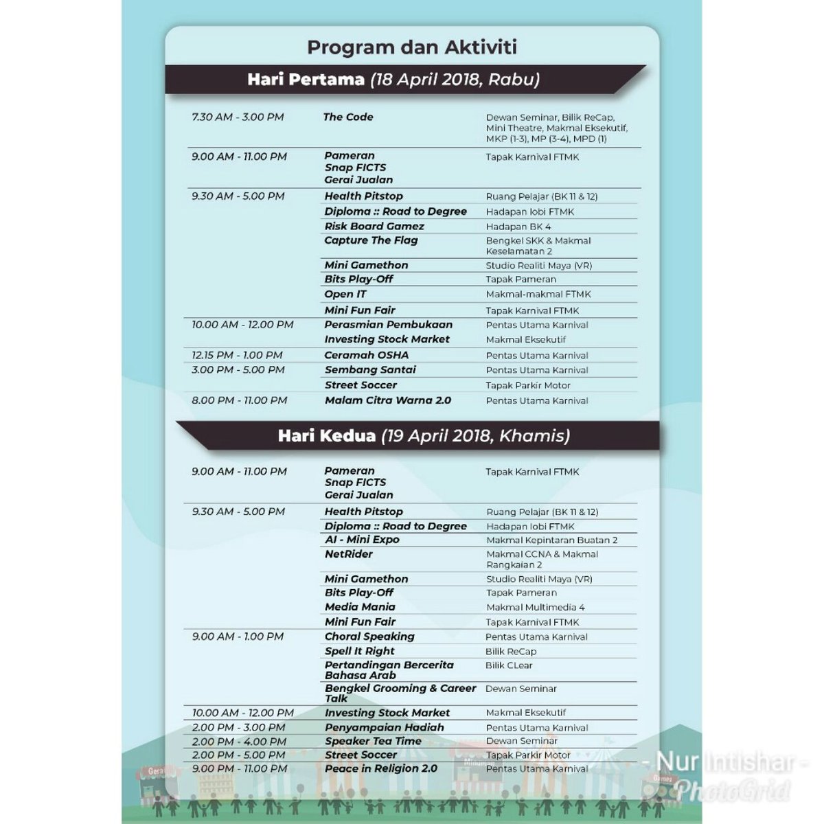 FICTS_Official's tweet photo. Assalamualaikum semua. Karnival FTMK 2018 kembali dengan pelbagai aktiviti dan program yang lebih menarik. Jangan lupa datang beramai-ramai untuk memeriahkan lagi Karnival FTMK pada kali ini. Jumpa anda disana!

#KarnivalFTMK2018
#SmartAndSustainTogether 
#EmpoweringTogetherness https://t.co/VbNuupsekK