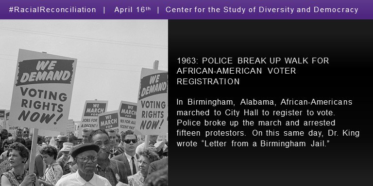 1963: police break up walk for African-American voter registration

In Birmingham, Alabama, African-Americans marched to City Hall to register to vote. Police broke up the march and arrested fifteen protestors. On this same day, Dr. King wrote “Letter from a Birmingham Jail.”
