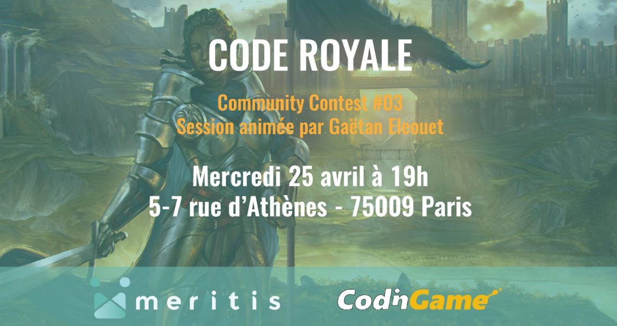 Meritis's tweet image. Notre #hub est prêt pour le #challenge #CodeRoyale de @CodinGame !
Retrouvez nous et nos #goodies pour une soirée #battle et #pizzas ...
🗓️Mercredi 25 avril à 19h
🚩Meritis 5-7 rue d'Athènes 75009 Paris
