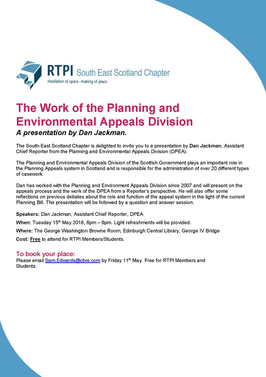 BOOK NOW for our upcoming event with Dan Jackman @DPEAScotland on Tues 15th May to learn more about the work of the DPEA from a Reporter's perspective. Email sam.edwards@cbre.com to book.