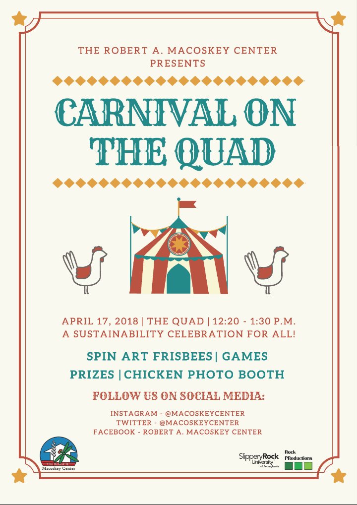 Don't forget to visit us tomorrow for Carnival on the Quad during common hour!
<a href="/slipperyrockU/">Slippery Rock University</a>