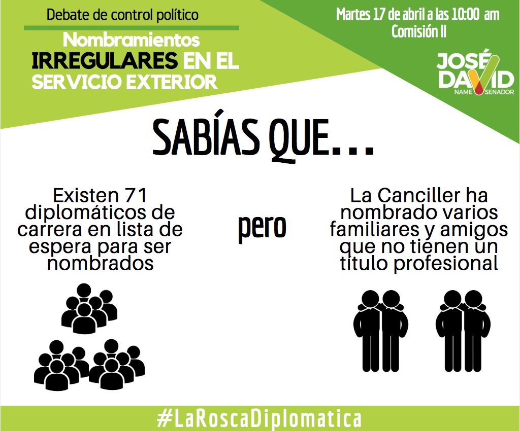 #SABIASQUE Existen 71 diplomáticos de carrera en lista de espera para ser nombrados, sin embargo la <a href="/CancilleriaCol/">Cancillería Colombia</a> ha designado varios familiares y amigos que en algunos casos ni siquiera cuentan con un título profesional #MañanaDebate #LaRoscaDiplomatica