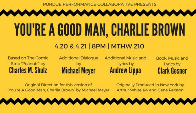 LifeAtPurdue's tweet photo. Charlie Brown is coming to campus! The Purdue Performance Collaborative is performing "You're a Good Man, Charlie Brown." Tickets are only $5! https://t.co/Aa8TK97MAr
