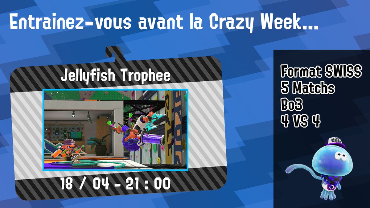 ClubCashalot's tweet photo. Surprise les squids ! Un nouveau tournoi fait son apparition 👊
Envie de vous entraîner avant la #CrazyWeek4 ? Le Jellyfish Trophee est fait pour vous, ce mercredi à 21 : 00🦑
Plus d'informations et inscriptions : https://t.co/0CdHT2VC4v
#Splatoon2 #eSport https://t.co/BhzUGsbqmT