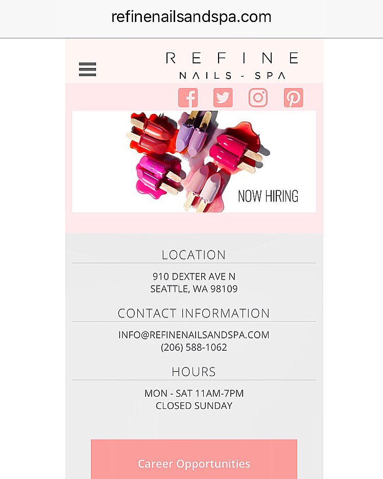 RefineNailsnSpa's tweet photo. Visit Us @ https://t.co/MDvDWz3qmY for more info
#nailtechnician
#nailartist
#nowhiring
#masteresthetician 
#seattlenailtech 
#seattlemasteresthetician 
#seattlelashes
#seattlemicroblading 
#careeropportunities 
#manicure
#pedicure
Send your resume to info@refinenailsandspa.com https://t.co/y8vXwG8vX0