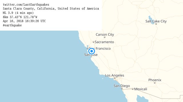 NewRoadTrip's tweet photo. Santa Clara County, California, United States of America
ML 3.9 (4 min ago)
8km 37.43°N 121.78°W
Apr 16, 2018 16:39:26 UTC
#earthquake https://t.co/e49kfaHlvs