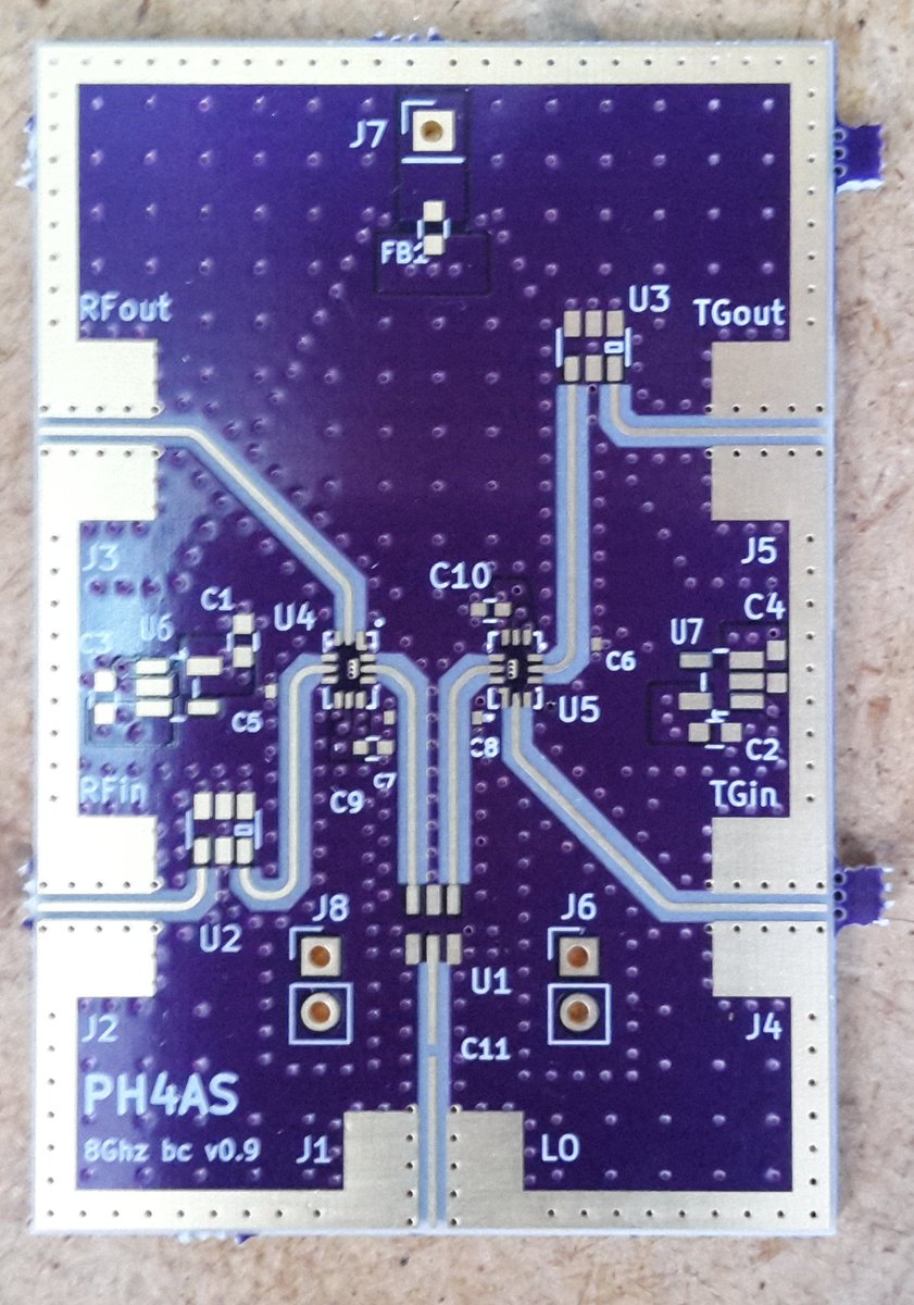 _ph4as_'s tweet photo. My first RF PCB design came in today #OSHpark! Waiting on the stencil now from #OSHstencils. Intended as a band converter to extend my 3GHz SA with tracking generator to 8GHz. Using LTC5549 mixers and  LO of 7GHz (3.5 + builtin doubler). No idea if it works, to be continued... https://t.co/8dckLdlp27
