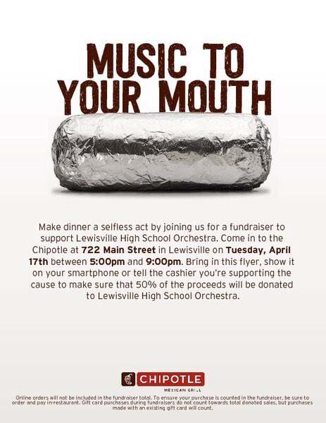 LHS_Orchestra's tweet photo. 🚨🚨🚨🚨🚨🚨🚨
Tomorrow from 5-9pm the LHS Orchestra will be having our Chipotle fundraiser! Make sure to tell the cashier that you’re there to support the LHS Orchestra, and enjoy your dinner! https://t.co/vskJEM79Lm