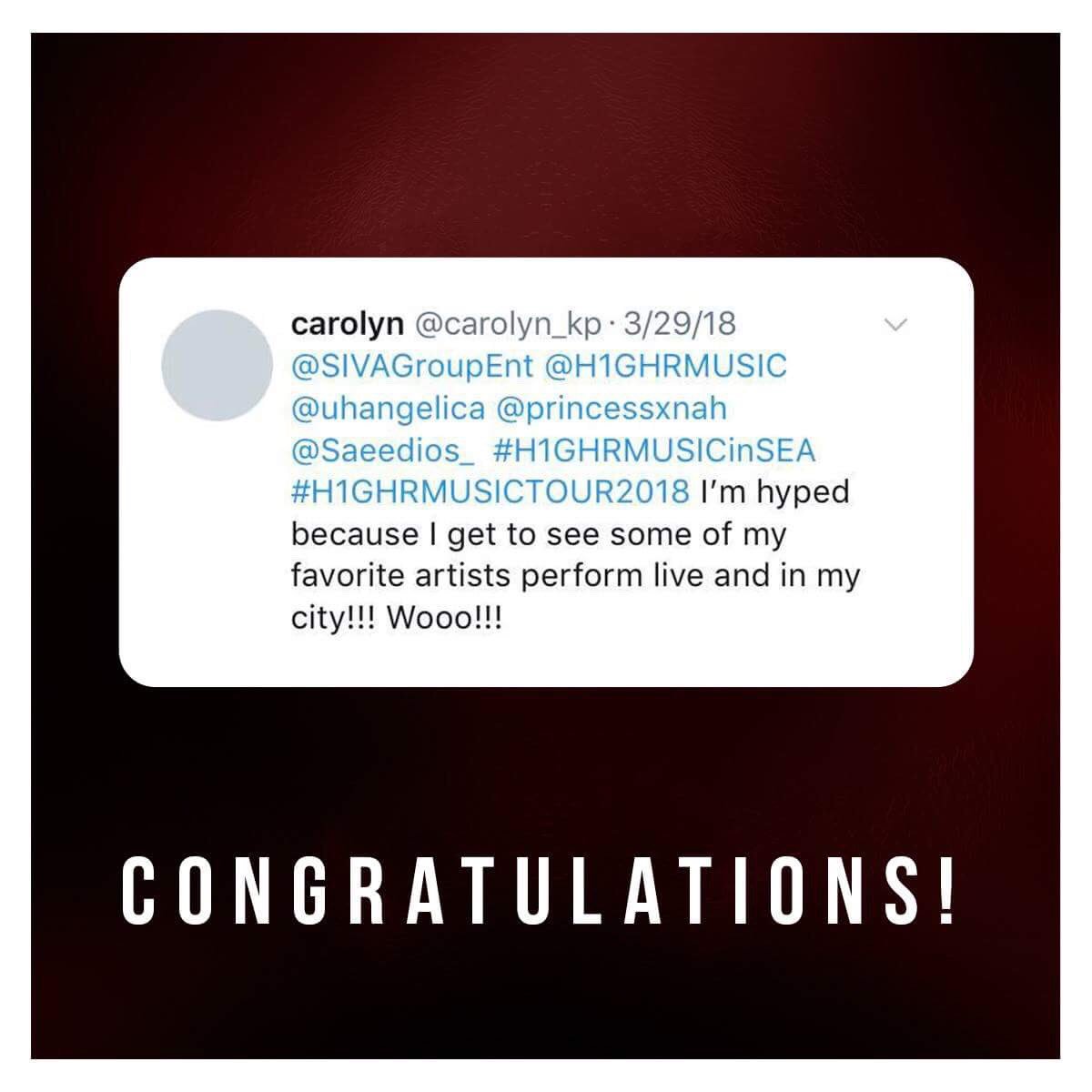SIVAGroupEnt's tweet photo. CONGRATULATIONS!
Please email us (info@sivagroupent.com) to claim your tickets!
#H1GHRMUSICTOUR2018
#H1GHRMUSICinSEA
#WINNER
#CONGRATZ
#goH1GHR
#getLIT https://t.co/GsAO99mg0M