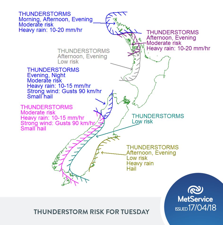 MetService's tweet photo. A few fronts affecting the country today bring some unstable conditions which could lead to thunderstorms. Here we have the thunderstorm risk for today. Moderate risks for Northland, Auckland, Buller, Westland, Fiordland and Stewart Island. Latest at https://t.co/BZWb7ZPiRd ^KL https://t.co/0VapA6RJ6p