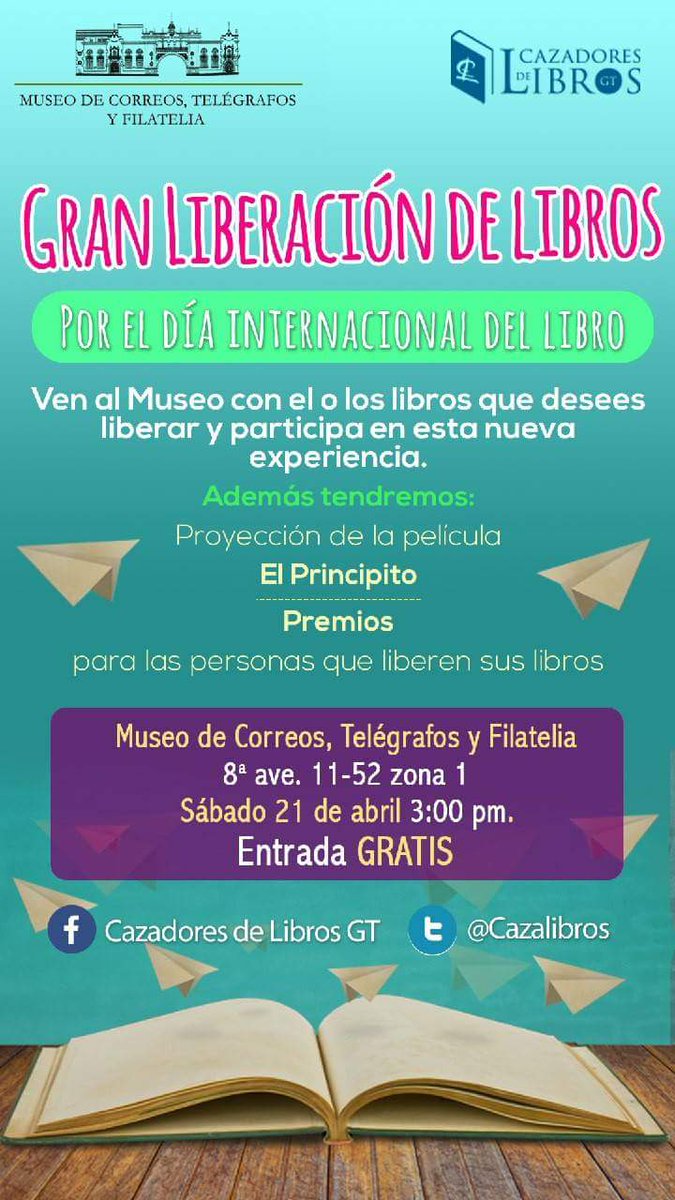 CazaLibros's tweet photo. La liberación trata de dejar libros en lugares públicos, para que cualquier persona interesada pueda tomarlos, llevárselos, leerlos y luego liberarlo de nuevo en otro lugar. #diadellibro #LiberaciónDeLibros2018 #Guatemala. https://t.co/AxRUUBlIfQ