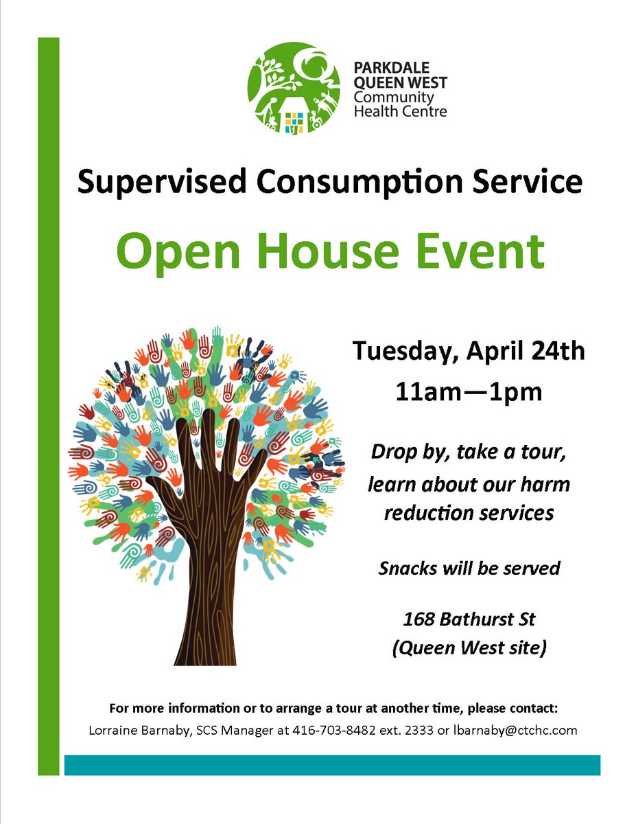 QueenWestCHC's tweet photo. Join us for our supervised consumption service open house. Tuesday, April 24, 11am - 1pm, Parkdale Queen West CHC (Queen West site), 168 Bathurst St. Drop by, take a tour &amp; learn about our harm reduction services. https://t.co/gM22YlbFWk #harmreduction #supervisedconsumptionsites https://t.co/5ZTAu5B6ws