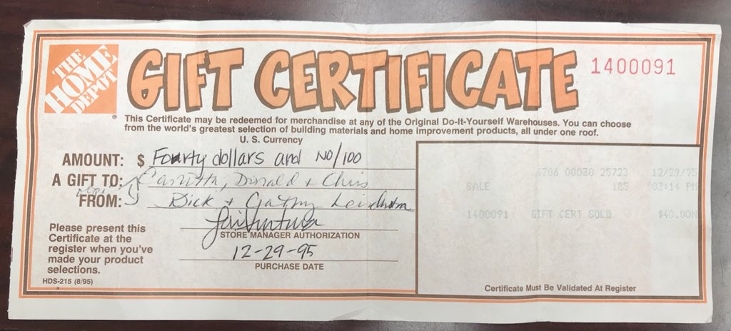 We accepted a gift certificate from 1995! Pretty neat.